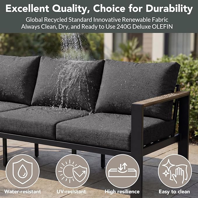 Outdoor Patio Furniture Set 3 Seats Sofa and Coffee Table with Washable Thick Cushions, All-Weather Luxury Aluminum Modern Outside Sectional Set for Porch, Balcony, Deck, Yard, Dark Gray