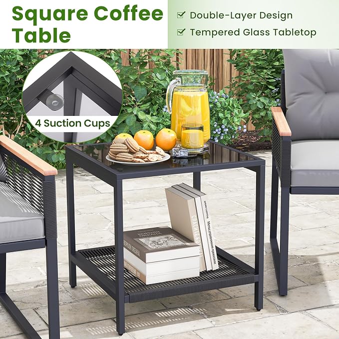 Tangkula 5 Pieces Outdoor Conversation Set, Patio Rattan Armchairs with 2-Tier Side Table & 2 Ottomans, Acacia Wood Armrests & Heavy-Duty Metal Frame, Patio Chairs Set for Porch, Poolside (Grey)