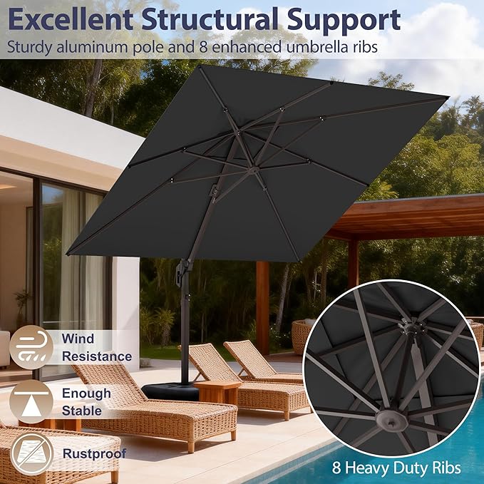 10' X 10' Patio Umbrella Cantilever Outdoor Rectangle Umbrella, Heavy Duty 360°Rotation Offset Umbrella for Garden Deck Pool Patio, Grey