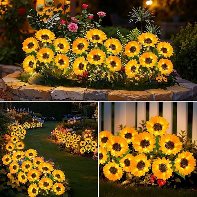 Solar Lights Outdoor Garden Decor, 3 Pack with Upgraded 18 Bright Solar Sunflower Lights, Waterproof Solar Flower Lights Outside Decorations with Auto ON/OFF, Sunflower Gifts for Women Mom Grandma