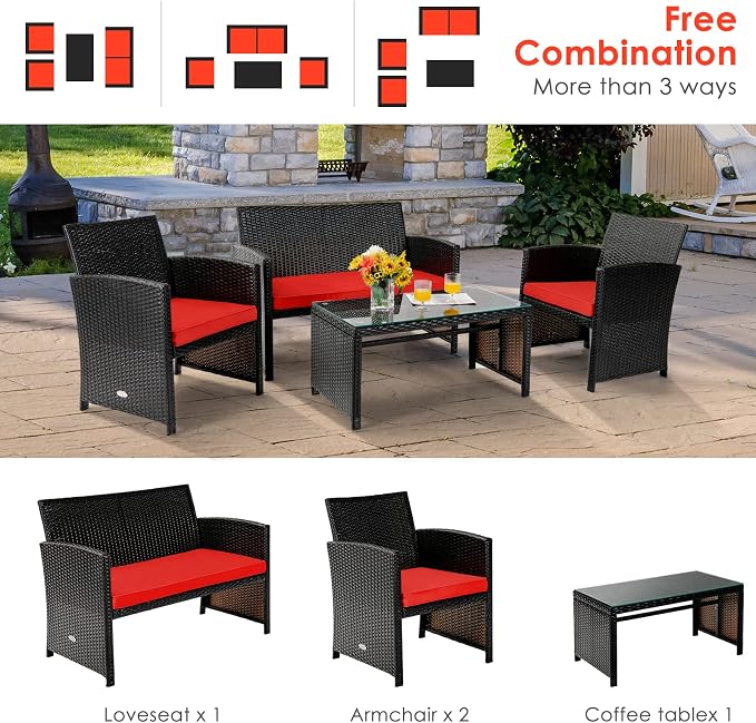 Tangkula 4 Pieces Rattan Furniture Set, Outdoor Conversation Set w/Chair & Loveseat & Tempered Glass Coffee Table, Suitable for Garden, Backyard, Poolside, Patio Furniture Set for 4 (1, Red)