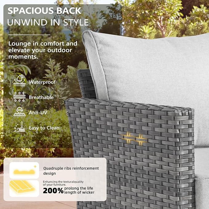 CAODOC 8-Piece Outdoor Wicker Patio Set with 9 Seats, Including 53" Fire Pit - Sectional Sofa and Conversation Set for Backyard or Lawn, Gray Rattan with Waterproof Gray Cushions