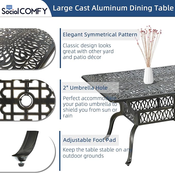 9-Piece Patio Cast Aluminum Dining Set, Outdoor Table and Chairs Set for 8, Includes 94.5" Rectangular Dining Table and 8 Swivel Rocker Chairs with Umbrella Hole for Lawn Garden, Tan