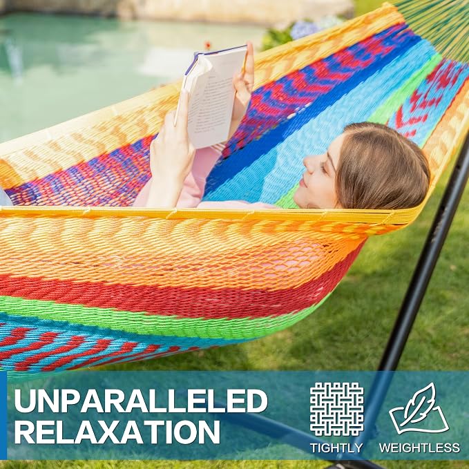 PNAEUT Double Hammocks with Stand for Outside, Portable Space Saving Heavy-Duty Steel Stand for Indoor Outdoor Patio (Mayan Rainbow)