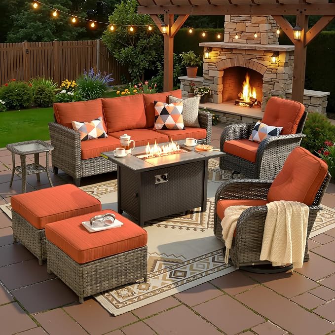 CAODOC 7 Pieces Outdoor Furniture,Patio Furniture with 42" Fire Pit Table,Wicker Conversation Set for Balcony,Deck,Pool and Backyard(Red)