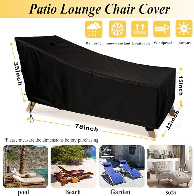 SIHAIAN Patio Lounge Chair Cover Waterproof Outdoor Chaise Lounge Covers UV Resistant Special Fixed Design 78Lx32Wx35H Black 2Pack Patio Furniture Covers