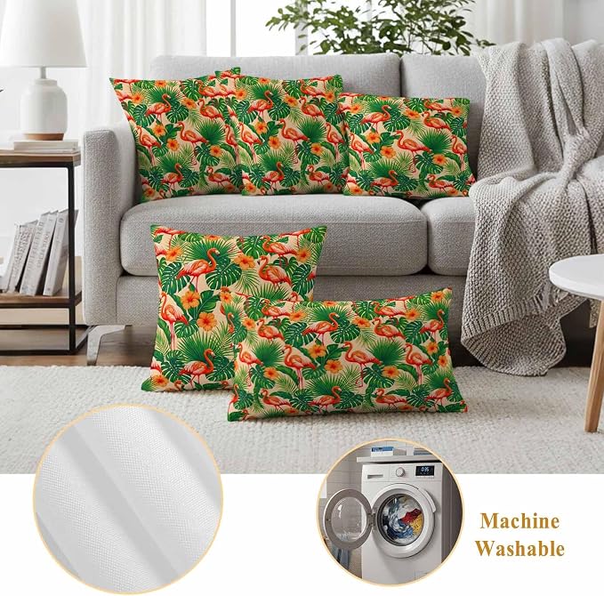 Red Flamingos Outdoor Pillow Covers 20"x12" Set of 2, Jungle Plants Hibiscus Flower Green Leaf Botanical Waterproof Throw Pillow Covers for Patio Furniture, Decorative Cushion Covers for Porch