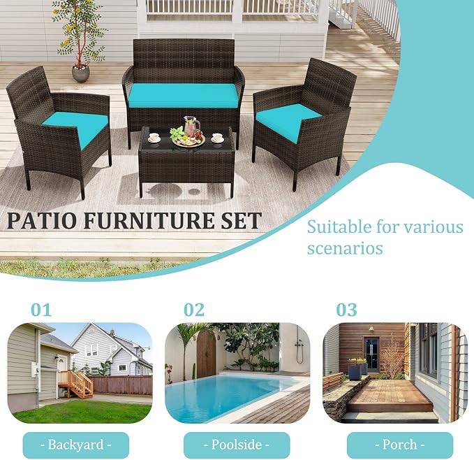 4 Piece Patio Furniture Set, Sectional Conversation Sofa Set with Glass Coffee Table, Cushions & Loveseat, Wicker Outdoor Table and Chairs for Pool, Garden, Deck, Backyard (2, Turquoise)