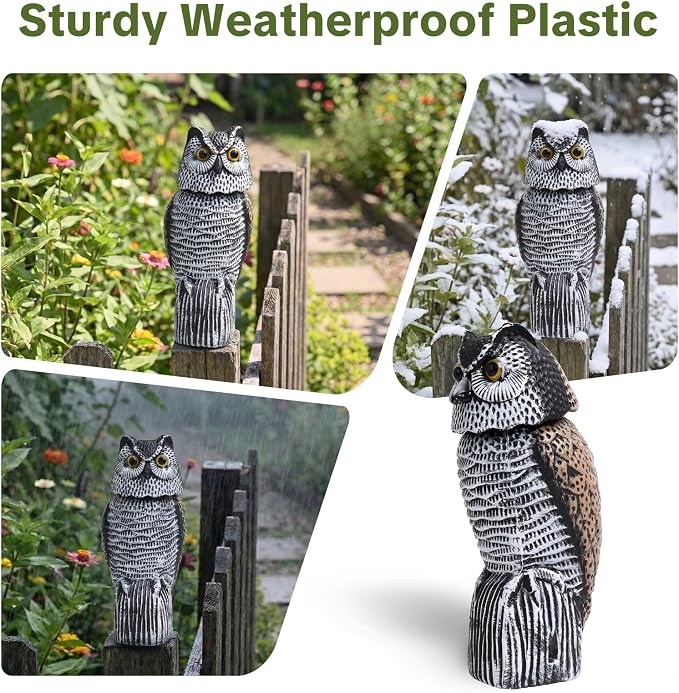 OFFO Fake Owl, Owl Statue for Garden and Yard Decoration, Weatherproof Plastic Rotating Head Outdoor Owl Decor for Porch Pool Patio Yard, 15-Inch Height, Round Ear Owl