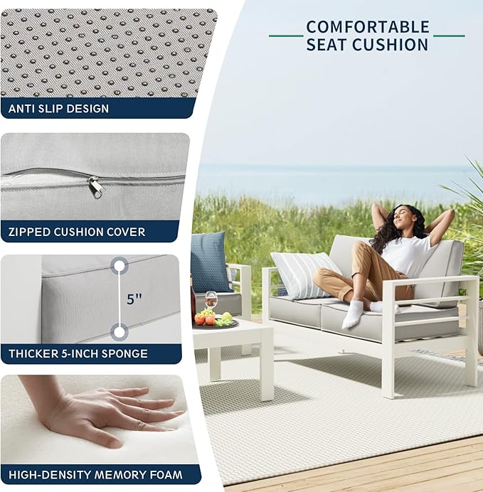 Amopatio Aluminum Patio Furniture, 5 Pcs Metal Modern Outdoor Patio Furniture Set, Outdoor Sectional Sofa for Balcony, Garden, White (Included Waterproof Covers)