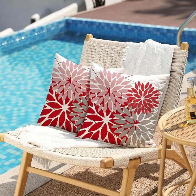 DFXSZ Pack of 2 Outdoor Waterproof Throw Pillow Covers 18x18 Pink Red Grey | Polyester Spring Summer Valentines Floral Decorative Cushion Cases(NO INSERT),For Couch Patio Funiture Garden Home Decor