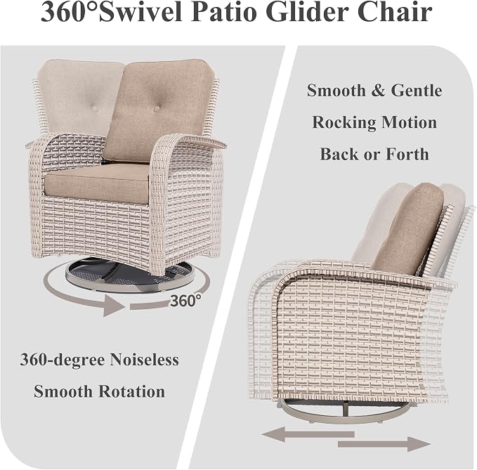 Patio Furniture Set, 17-Piece Outdoor Sectional Sofa with Swivel Rocker Chairs & 2-Layer Glass Coffee Table, Wicker Patio Conversation Set with Khaki Cushions