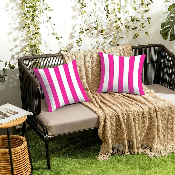16x16 Inch Outdoor Pillow Covers Set of 2 Waterproof Throw Pillow Covers Decorative Couch Cushion Covers Rose Red Striped Square Pillowcases Protectors for Patio Garden Sofa