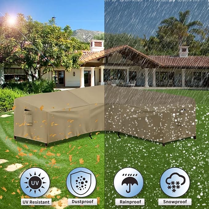 PureFit Outdoor Sectional Sofa Cover Waterproof V Shaped Patio Furniture Covers for Deck, Lawn and Backyard, 89”x89”, Camel