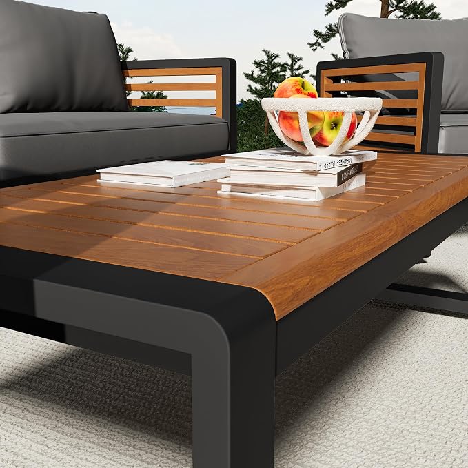 Large 4-Piece Outdoor Patio Sofa Set for 5 People, Metal & Acacia Wood Frame, Removable Cushions, Thick Comfortable Seats, Conversation Furniture with Table, Modular Garden and Backyard Set, Gray