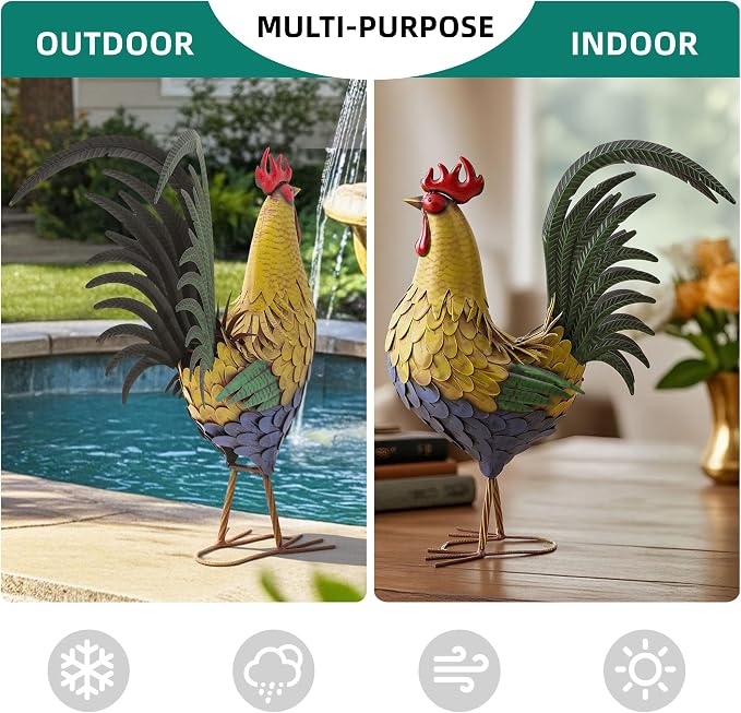 32 in Metal Rooster Statue, Farmhouse Yard & Garden Decor | Hand-painted Metal Finish, Oversized, Chicken Decor for Patio, Kitchen, Garden