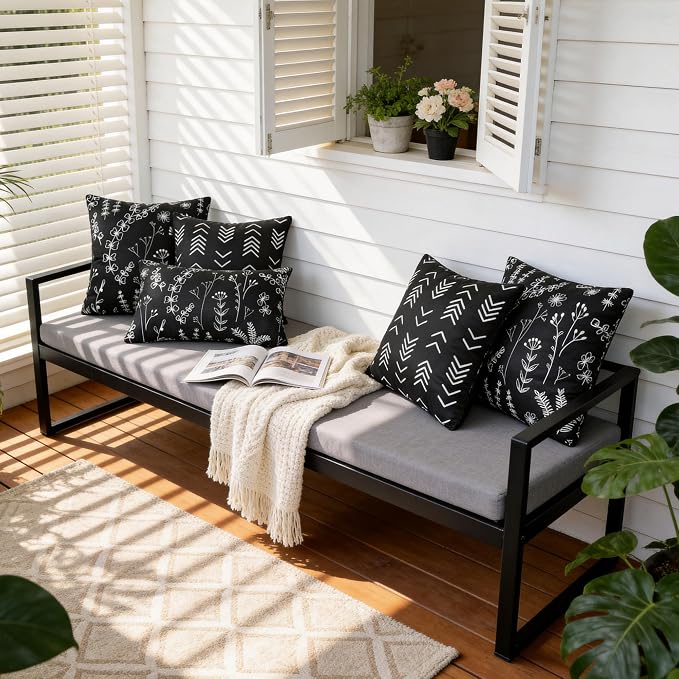 Black Floral Outdoor Pillow Covers 18x18 Inch Set of 2 | Waterproof Throw Pillow Cover, Summer Decorative Outdoor Cushion Cases for Patio Garden Beach Tent Balcony Couch Sofa
