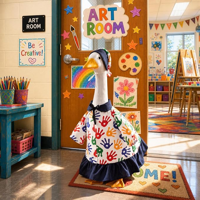 Outus Art Back to School Porch Goose Outfits Includes Colorful Handprint Dress Hat First Day of School Classroom Goose Clothing for Outdoor Garden Yard Patio Lawn 23" Statue