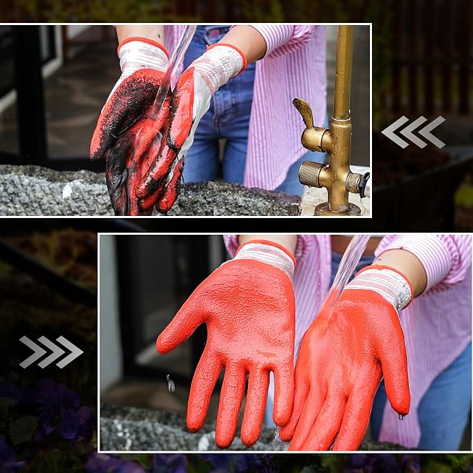 COOLJOB 2 Pairs Gardening Gloves for Women, Breathable Rubber Coated, L | Red & Blue, Textured Latex Palm, Breathable Polyester Liner, Flexible Fit, Machine Washable, Women's Garden Gloves