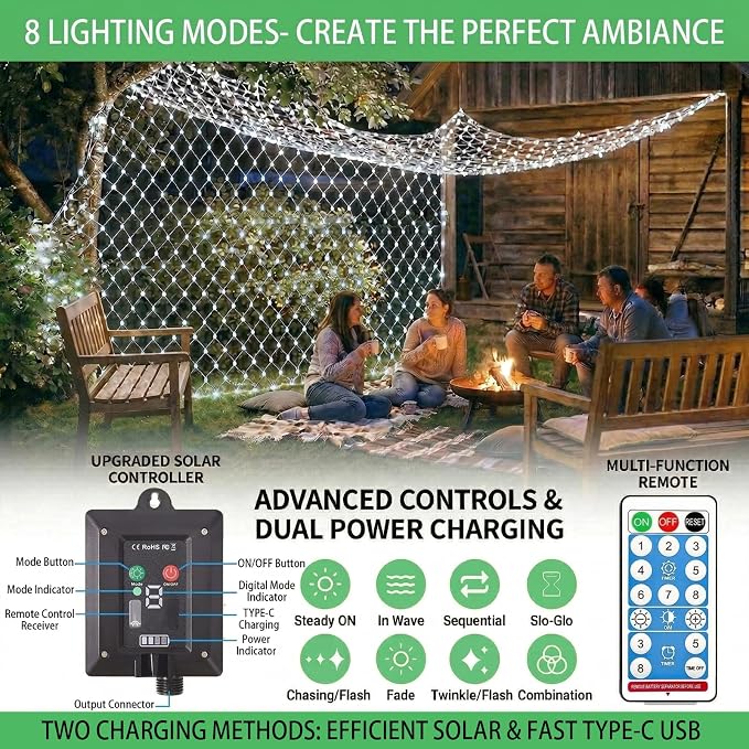 Pooqla Solar Net Lights, 10x10ft 280LED Gazebo Net Lights Outdoor with 8 Modes, Solar & USB Powered Waterproof String Lights Clear Wire, Chandelier for Pergolas, Patio, Bush, Backyard Decor Cool White