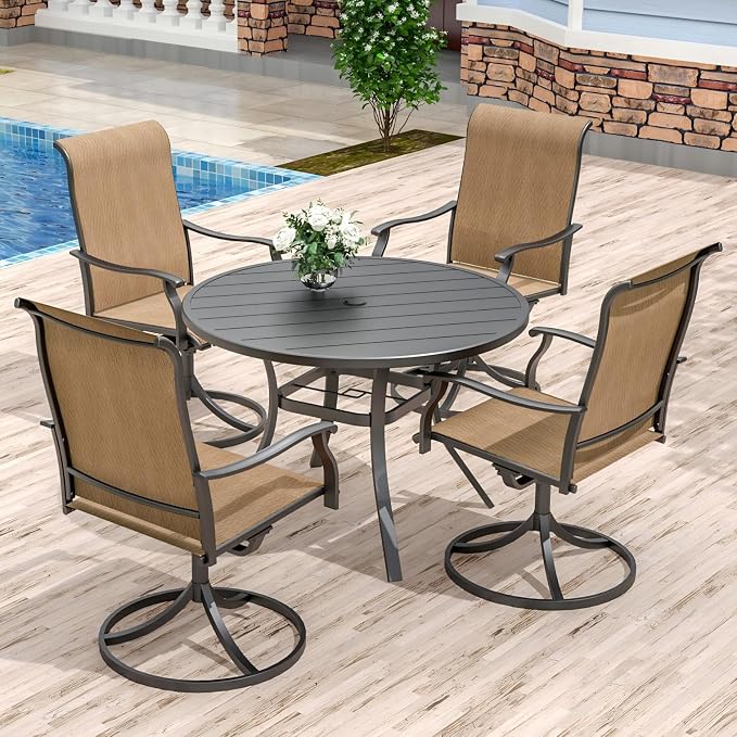 Anmutig 5 Piece Outdoor Patio Dining Set with 4 Swivel Dining Chairs & 41" Round Dining Table, All Weather Dining Furniture Set for Lawn Garden Brown