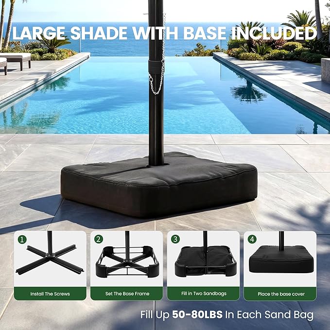 OLILAWN 10ft Patio Umbrella with Base Included, Large Cantilever Offset Outdoor Umbrella with 360°Rotation & Infinite Tilt, Heavy-Duty Frame for Deck, Pool, Backyard, Garden, Champagne
