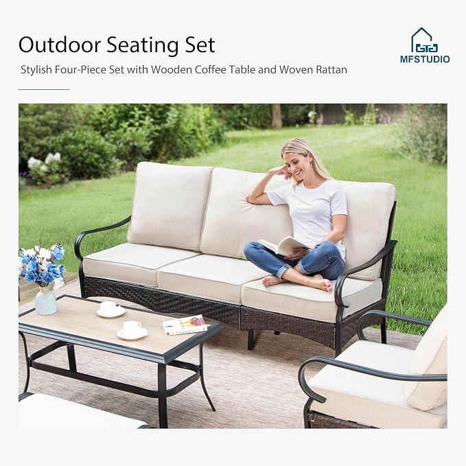 MFSTUDIO 5 PCS Outdoor Patio Furniture Set, Metal Outdoor Conversation Set, Rattan Wicker Patio Sectional Sofa Set with 2 x Fixed Single Sofa, 2-Seat and 3-Seat Sofa, 1 x Coffee Table, Beige