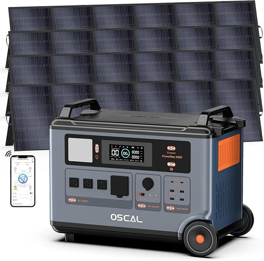 Powermax 6000W(9000W Peak) Portable Solar Power Station, 3600Wh LiFePO4 Battery with 4x500W Solar Panels, 1.6H Fast 2400W Solar Charging Generator for Camping, RV, Home Backup, Emergency