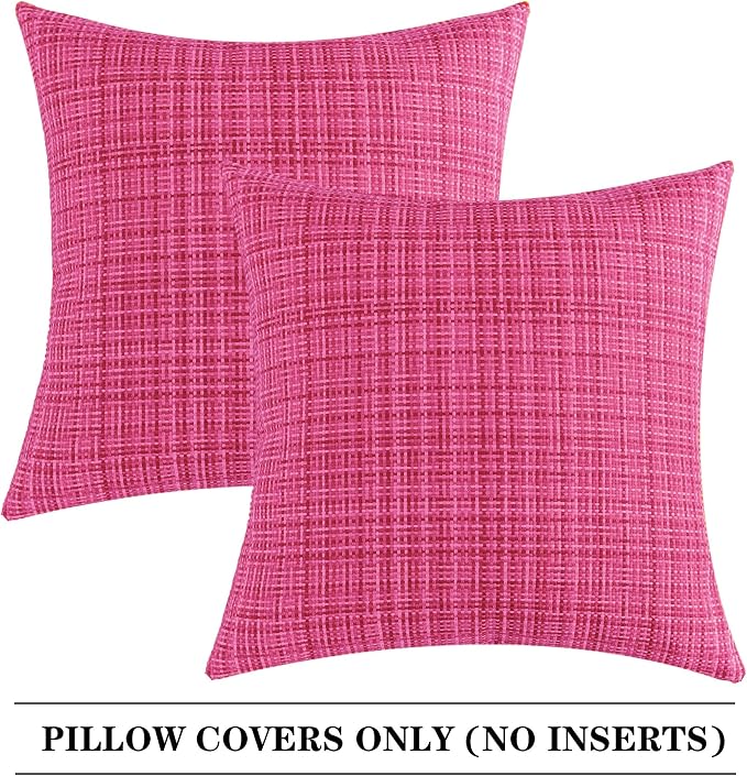 Kevin Textile Outdoor Waterproof 24x24 Inch Pillow Covers 2 Pack, Hot Pink | Water Resistant, Faux Linen Yarn-dyed, Woven Texture Euro Throw Pillow Covers for Tent Patio Garden Couch Sofa