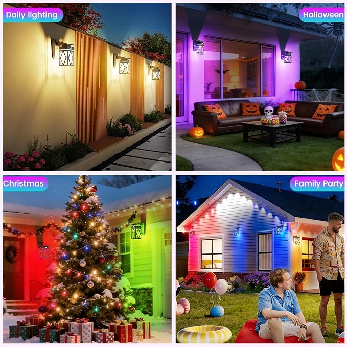 2 Pack Solar Porch Lights Outdoor with Dusk-to-Dawn Motion Sensor | 200LM RGB Lighting, E26 Bulb, 10 Color Modes (RGB Cycle / Fixed), IP65 Waterproof for Front Porch, Garage, Patio, Decorative