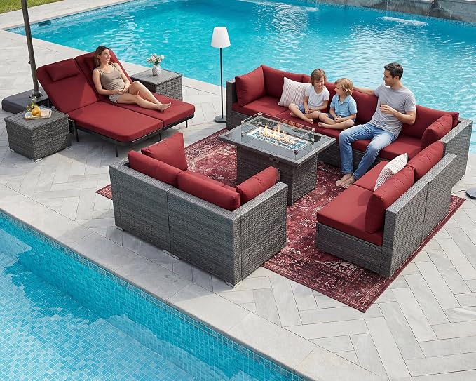 NICESOUL 13 Piece Large Outdoor Sectional with Fire Pit Table, 29.3'' High Back Patio Furniture with Fire Pit Table & Chaise Lounge, Big Deep 10-Seater for Garden, Grey Wicker & Burgundy Cushion