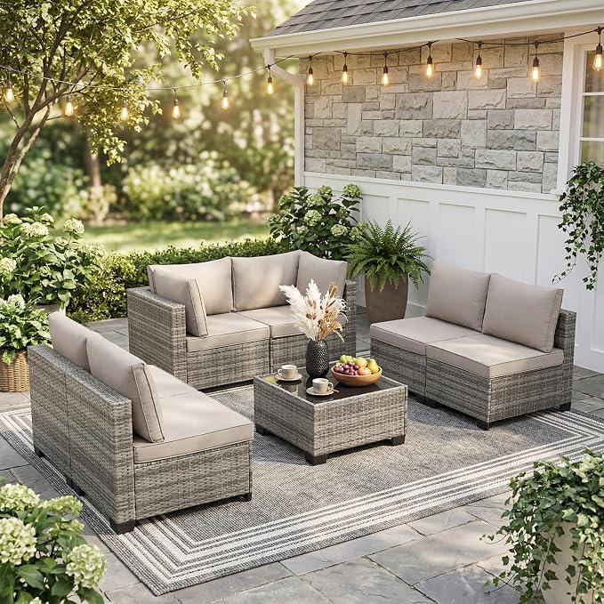 ANJ 7 Piece Outdoor Wicker Patio Furniture Set, Modular Loveseat Sofa with with Glass Top Coffee Table, All-Weather Rattan Conversation Couch Set for Balcony, Backyard, Light Grey Wicker-Grey