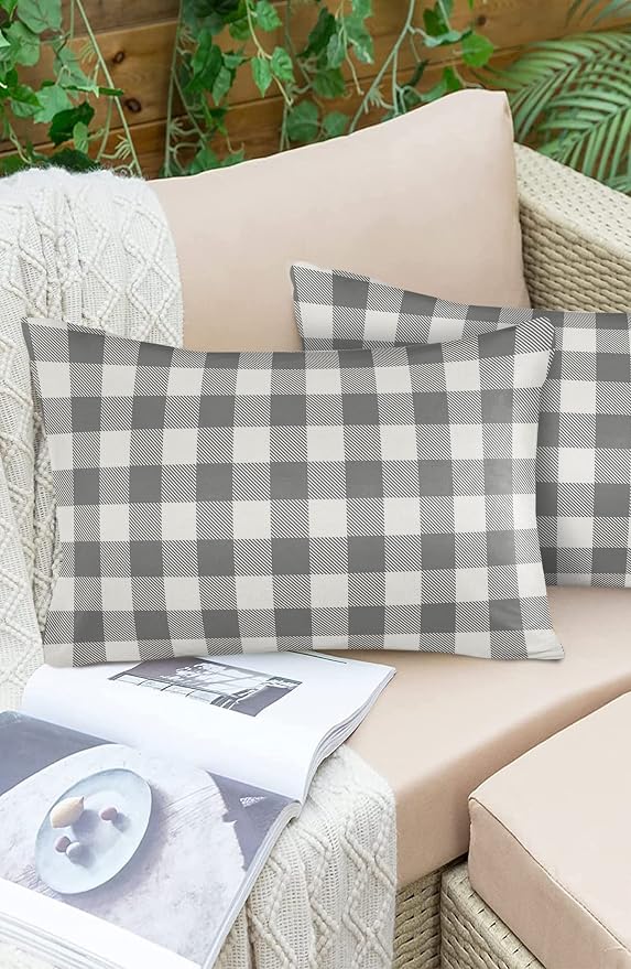 Outdoor Waterproof Throw Pillow Covers Set of 2 Gray Buffalo Check Plaid Lumbar Pillowcases 20x12 Inches Farmhouse Style Patio Decorative Pillows Cushion Case Patio Pillows for Couch Bed Chair Garden