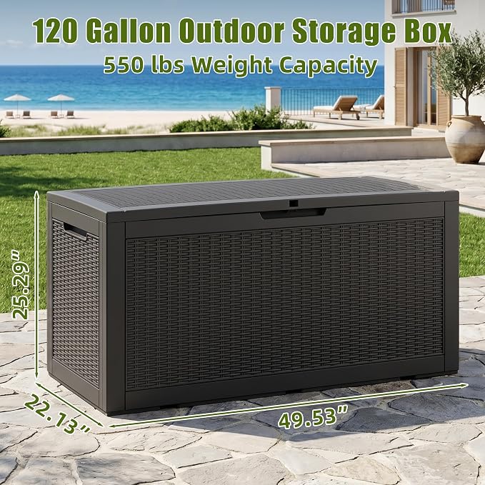 Vixzen 120 Gallon Deck Boxes Outdoor Waterproof, Large Resin Lockable Storage Box with lid for Patio Furniture Cushions, Weatherproof Outdoor Storage Boxes for Garden Tools & Pool Accessories(Black)