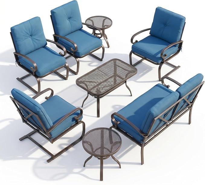 Incbruce 7 Pcs(6 Seats) Wrought Iron Patio Conversation Sets (1 Loveseat, 2 Table, 2 Spring Chair, 2 Dining Chairs), Outdoor Metal Furniture Sets with Peacock Blue Cushion