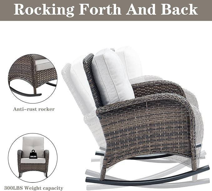 Belord Patio Wicker Furniture with Rocking Chairs Loveseat, 5 Piece Rattan Furniture Outdoor Table and Rocking Chairs Set for Patio Deck Porch Backyard Brwon/Beige