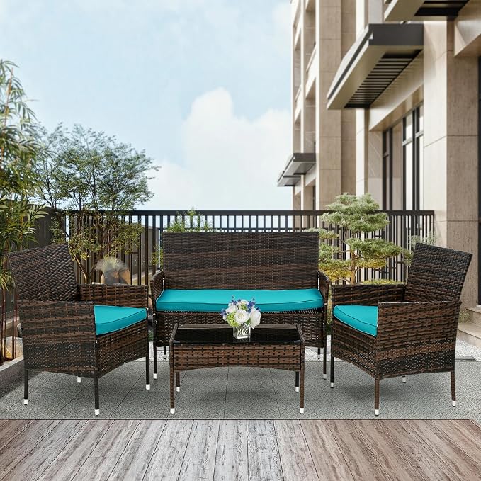 PayLessHere Outdoor Furniture Set 4 Pcs Modular Patio Furniture Set Water Resistant Conversation Set with 3 Rattan Chairs 1 Tempered Glass Topped Table for Patio Poolside, Brown Wicker/Blue Cushions