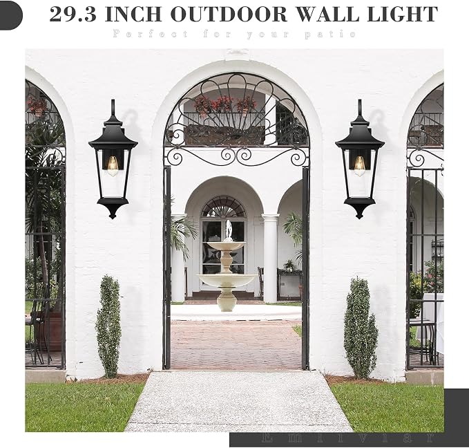 Emliviar 29.3 Inch Trendy Outdoor Wall Sconce, Large Exterior Wall Light for Porch Patio, Clear Glass in Black Finish, XE292B-L BK
