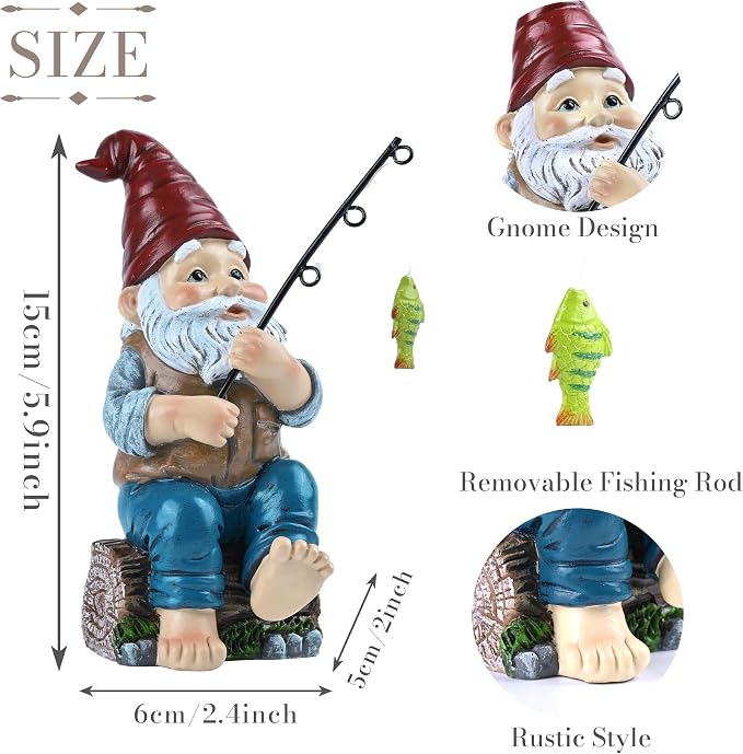 TERESA'S COLLECTIONS Resin Outdoor Statues for Garden Decor, Garden Gnome with Fishing Pole Funny Decorations for Outside, Yard Gnome Decor for Patio Lawn Ornaments, Ideal Gift for Women and Man, 6"