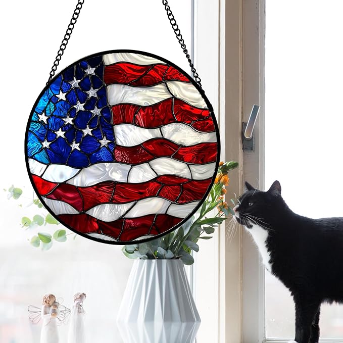 DASTOLL Stained Glass Window Hanging, Blue, White Red National Flag Pattern Sun Catchers Diamond Glass Panel Window Hangings Decor for Birthday Gifts for Women, Men, and Mom 14.9x14.9IN