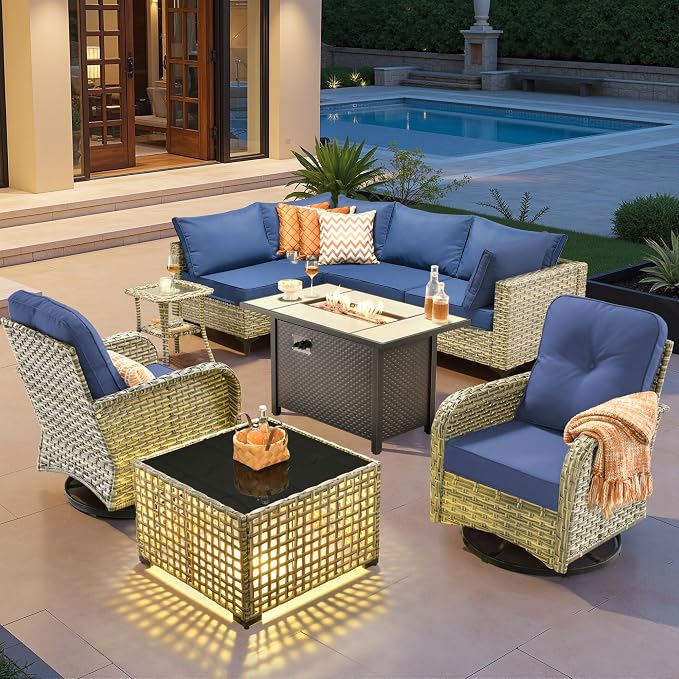 Outdoor Sectional Patio Furniture Set with Fire Pit Table,9 Pieces Rattan Wicker Conversation Sets L Shaped Couch,Outside Furniture with Swivel Chairs Glowing Coffee Table,Navy Blue