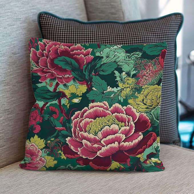 Chinoiserie Red Peony Floral Pillowcase Green and Pink Cushion Cover 26x26 INFarmhouse Accent Throw Pillow Covers Farmhouse Decorative for Couch Tent Park