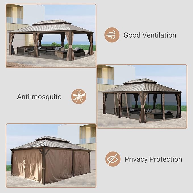 Domi 12' X 20' Hardtop Gazebo, Upgraded Metal Gazebo with Drainage System, Dual-Layer Galvanized Steel Roof, Curtain and Netting, Outdoor Shelter Canopy for Patio, Garden, and Backyard, Brown