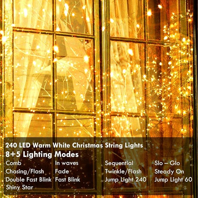 KAQ Connectable 240LED 88Ft String Lights Indoor Outdoor Timer, Warm White | Clear Wire Twinkle Fairy Lights Plug in with 13 Modes, IP44 Waterproof Design for Christmas Trees, Bedroom, Classroom, Patio