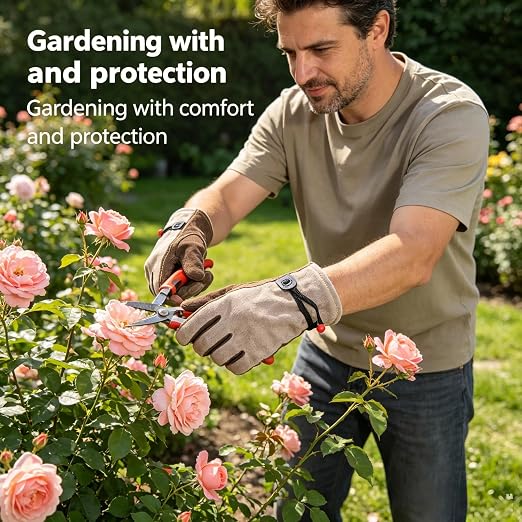 Leather Gardening Gloves for Men - Working Gloves for TIG/MIG Welding, Construction,Yard Work, Landscaping, Rose Gardening, BBQ Farm, Best Garden Gifts & Tools for Gardener (Brown, Large)
