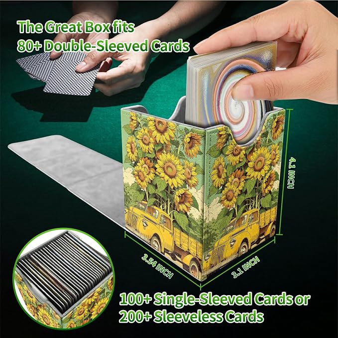 Sunflower Truck Card Deck Box for MTG, Personalized Card Storage Case Fits 120+ Sleeved Cards, Premium Leather TCG Box with Strong Magnetic Closure for Magic, CCG, PTCG, Baseball Cards