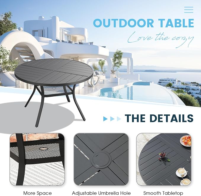 5 Pieces Patio Furniture Dining Set, 4 Textilene Swivel Dining Chairs, 41" Outdoor Round Metal Table with Storage Shelf and 1.57" Umbrella Hole, Outdoor Dining Set for Porch, Lawn, Black/Blue