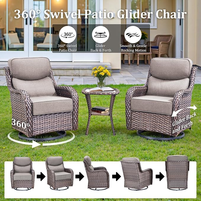 Luxury Outdoor Swivel Rocker Patio Chairs Set of 5, High Back Swivel Patio Chairs with Side Table & 6" Thick Cushions, Ottomans, Wicker Outdoor Bistro Set for Porch, Yard, Deck, Poolside, Brown/Grey