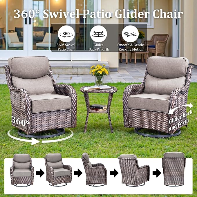 Luxury Patio Furniture Set with 42.5" Fire Pit Table, 10 Pieces High Back All Weather Wicker Outdoor Furniture w/ 6-Inch Thick Cushions, Patio Swivel Chairs Couch for Deck Balcony Backyard Brown/Grey