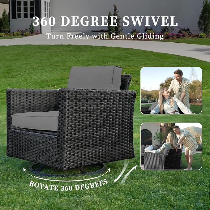 UDPATIO Patio Furniture Set, 6 Pieces Outdoor Furniture Sets with Rocking Swivel Chairs, Wicker Rattan Outdoor Conversation Set with Storage Table and Waterproof Covers for Backyard, Deck, Porch, Grey